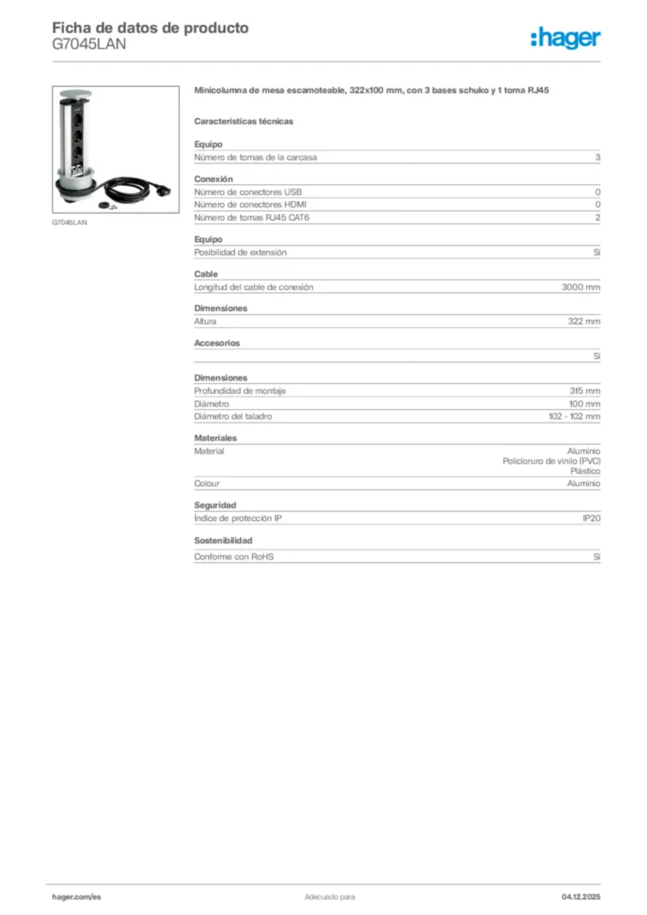Imagen Hager Ficha de datos de producto G7045LAN | Hager España