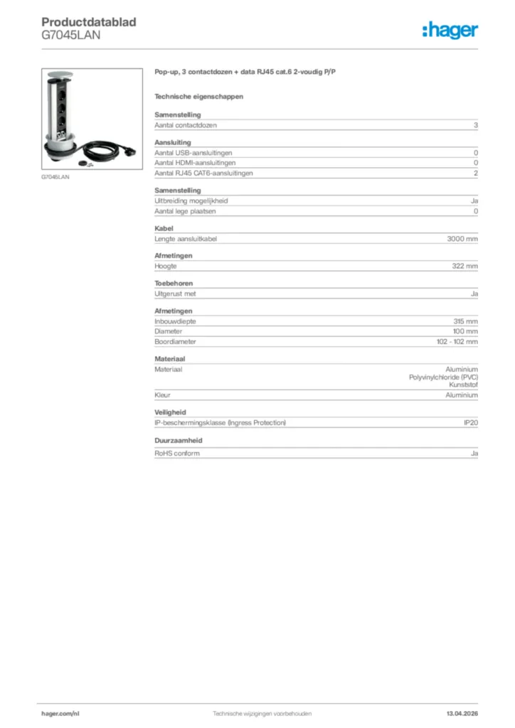 Afbeelding Hager Productdatablad G7045LAN | Hager Nederland