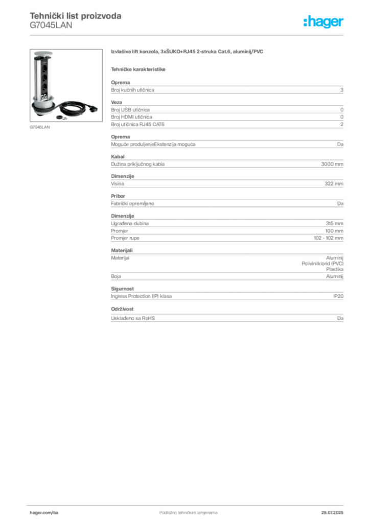 Slika Hager Product data sheet G7045LAN  | Hager