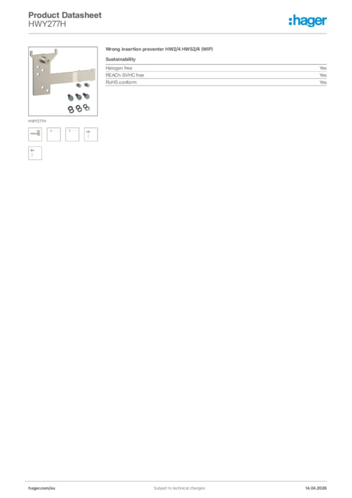 Image Hager Product data sheet HWY277H  | Hager Australia