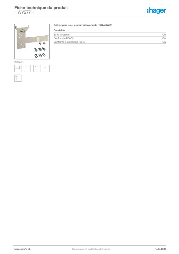Image Hager Fiche technique du produit HWY277H | Hager Suisse