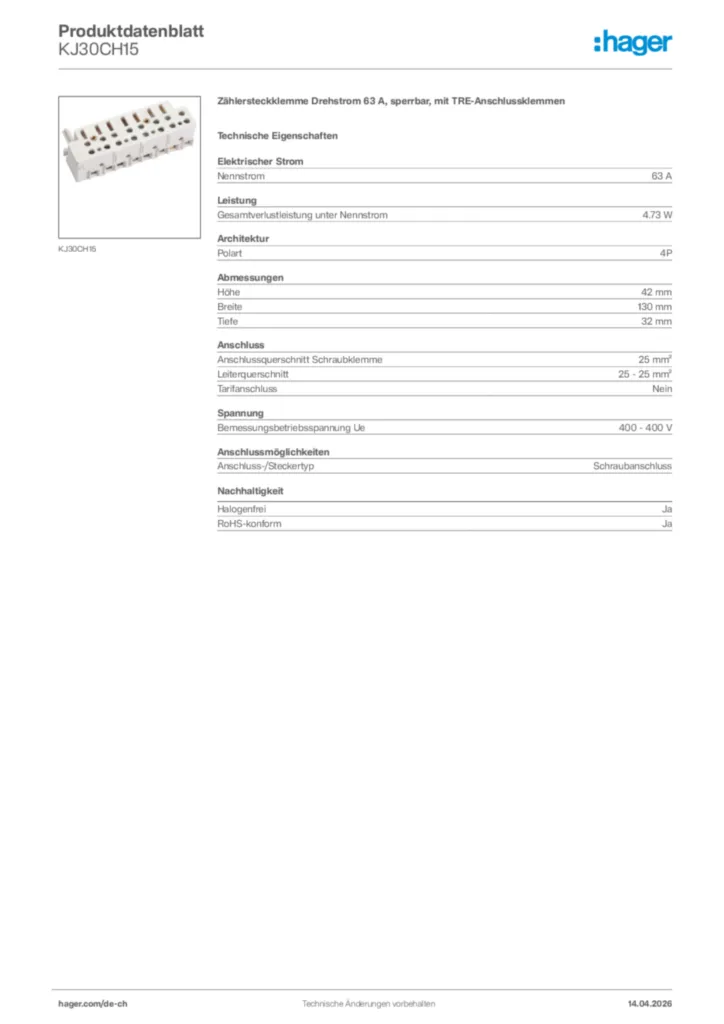 Bild Hager Produktdatenblatt KJ30CH15 | Hager Schweiz