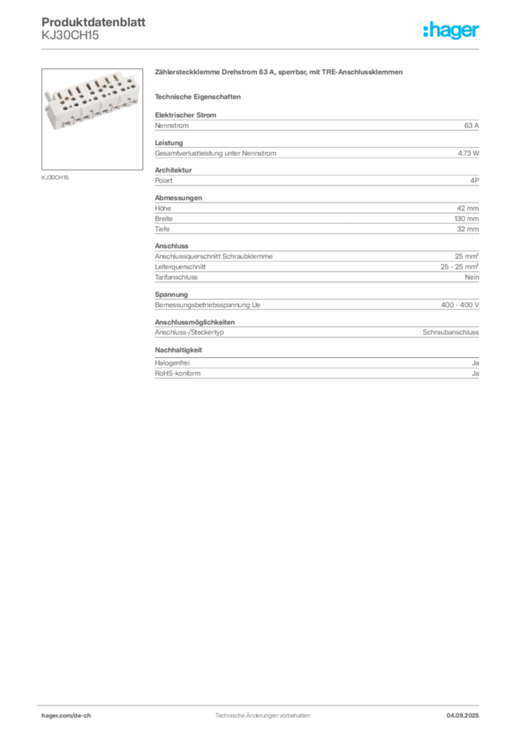 Bild Hager Produktdatenblatt KJ30CH15 | Hager Schweiz