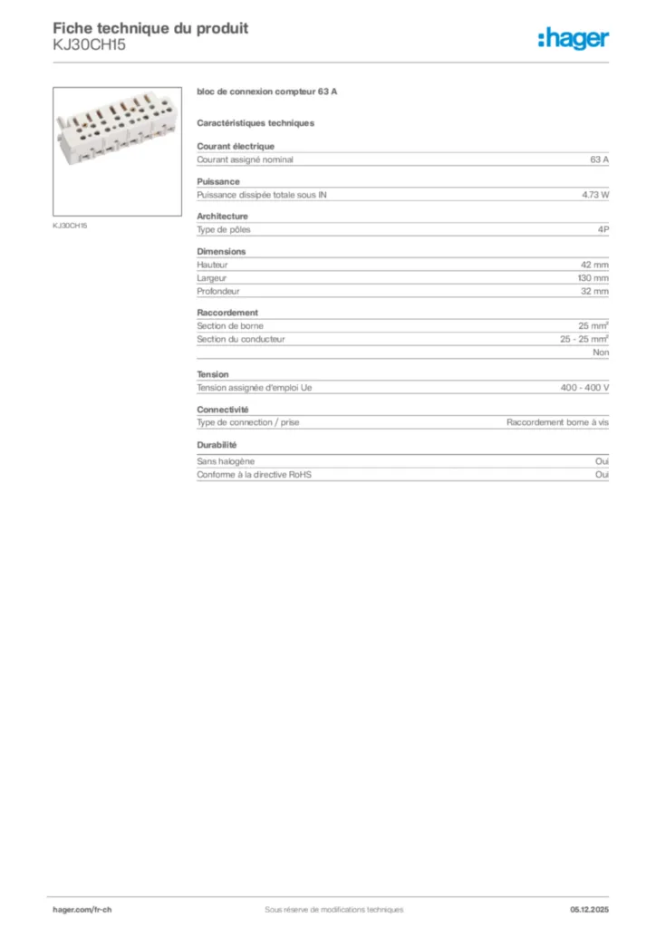 Image Hager Fiche technique du produit KJ30CH15 | Hager Suisse