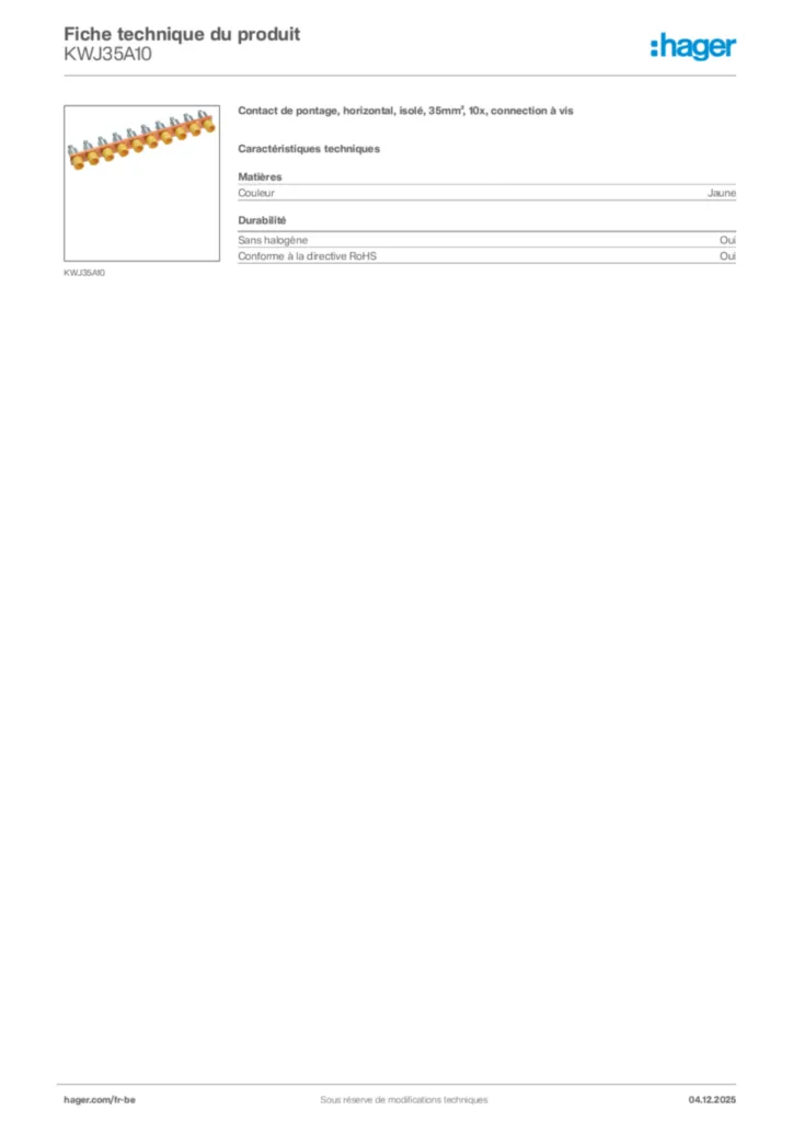 Image Hager Fiche technique du produit KWJ35A10 | Hager Belgique