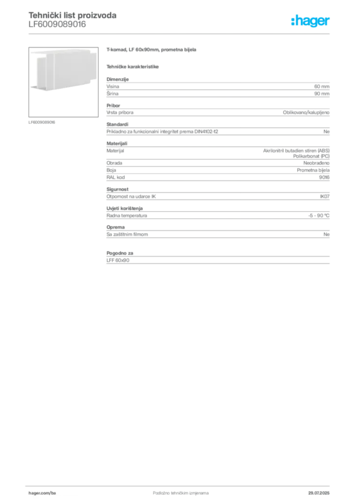 Slika Hager Product data sheet LF6009089016  | Hager