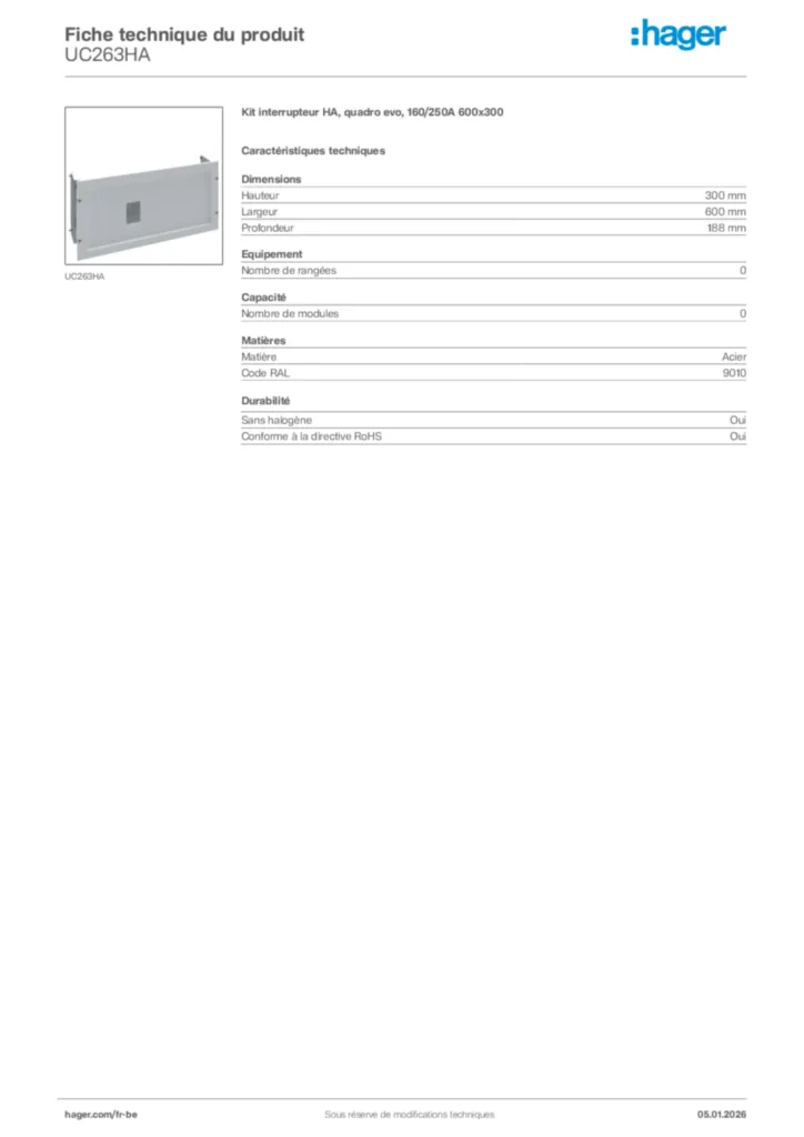 Image Hager Fiche technique du produit UC263HA | Hager Belgique