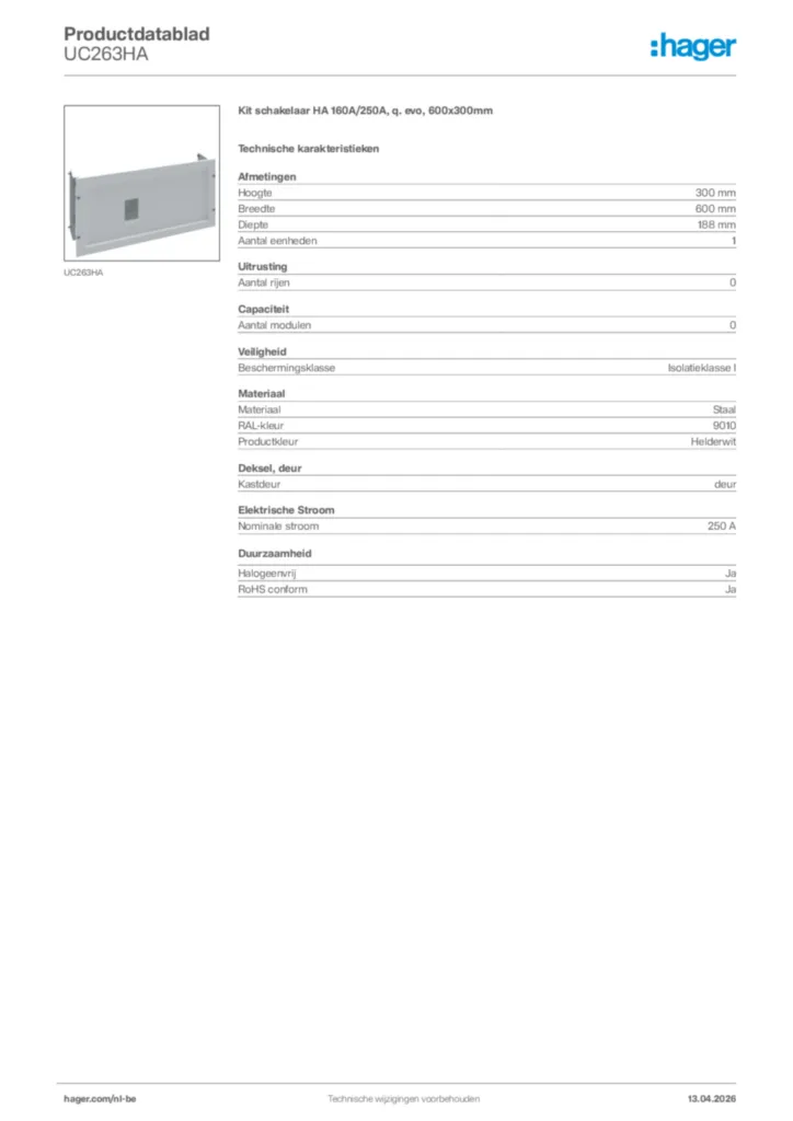 Afbeelding Hager Productdatablad UC263HA | Hager Belgium