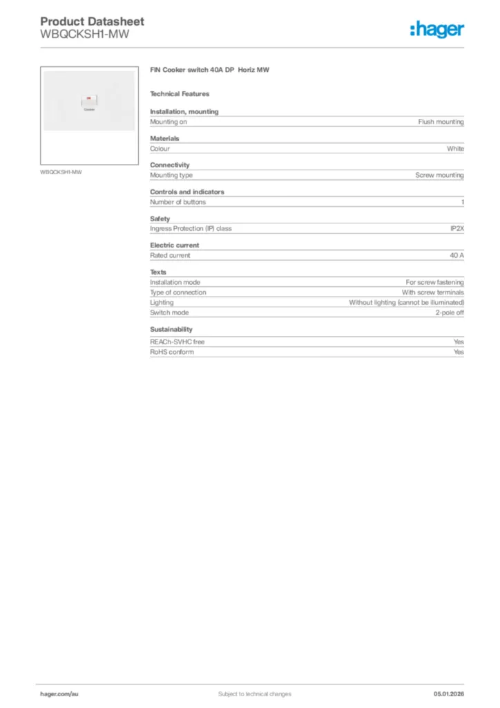 Image Hager Product data sheet WBQCKSH1-MW  | Hager Australia