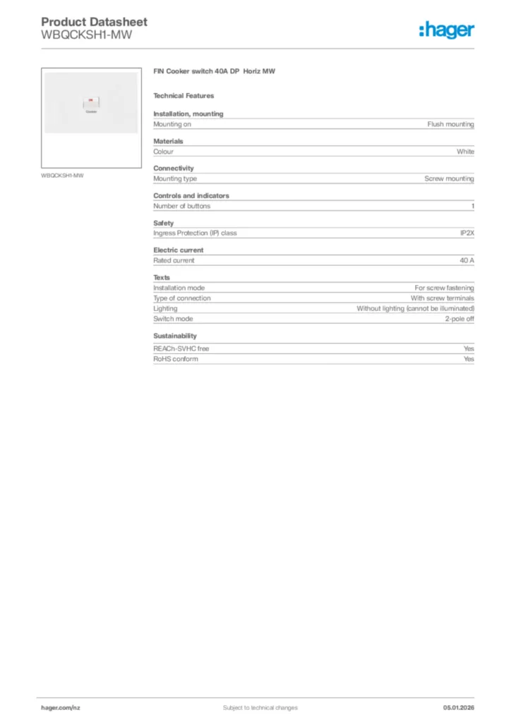 Image Hager Product data sheet WBQCKSH1-MW  | Hager New Zealand