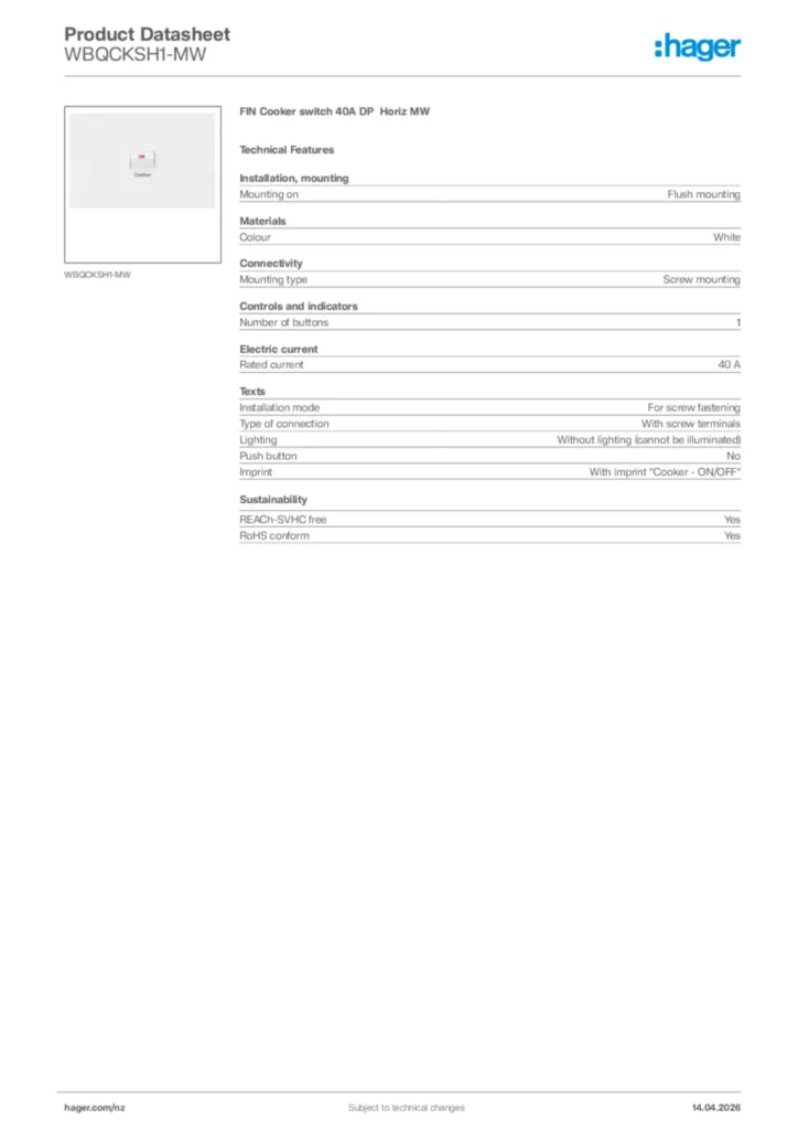 Image Hager Product data sheet WBQCKSH1-MW  | Hager New Zealand