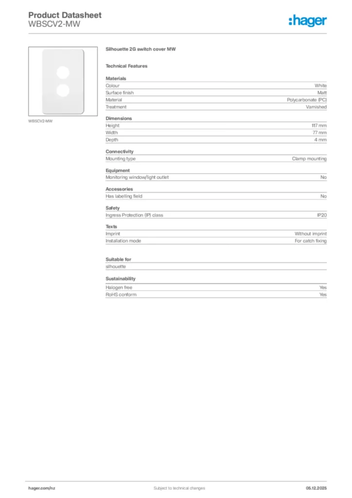 Image Hager Product data sheet WBSCV2-MW  | Hager New Zealand