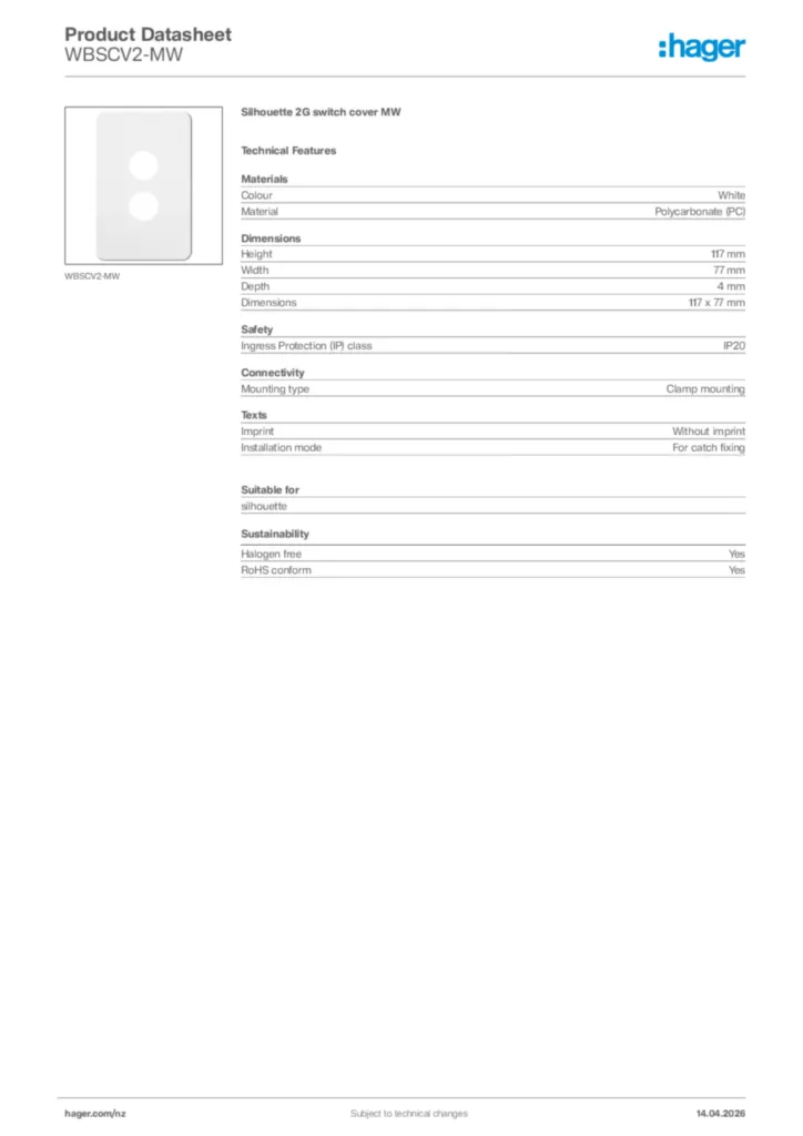 Image Hager Product data sheet WBSCV2-MW  | Hager New Zealand