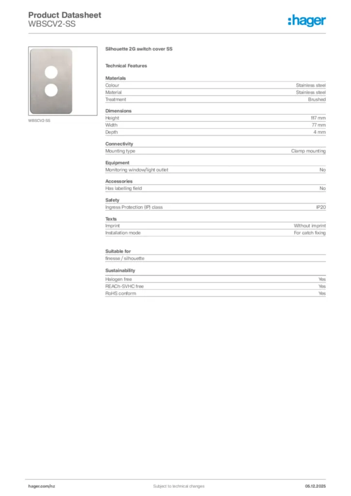 Image Hager Product data sheet WBSCV2-SS  | Hager New Zealand
