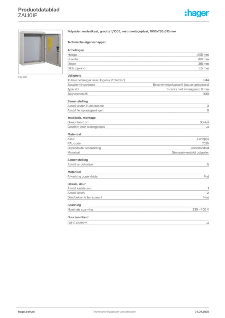 Afbeelding Hager Productdatablad ZAL101P | Hager Nederland