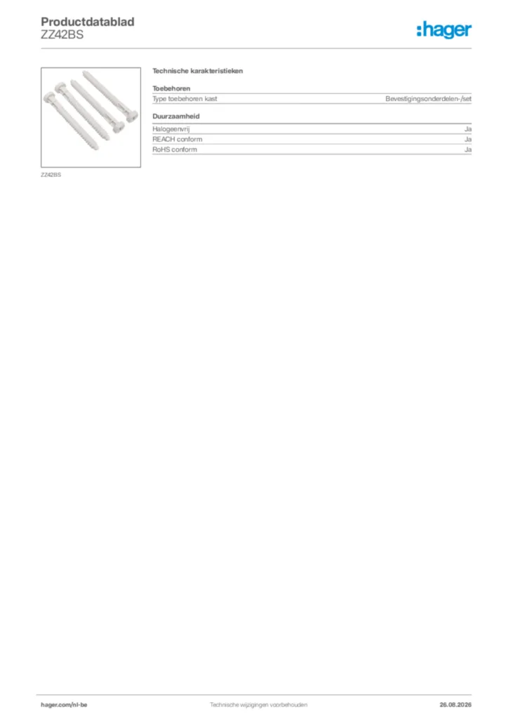 Afbeelding Hager Productdatablad ZZ42BS | Hager Belgium