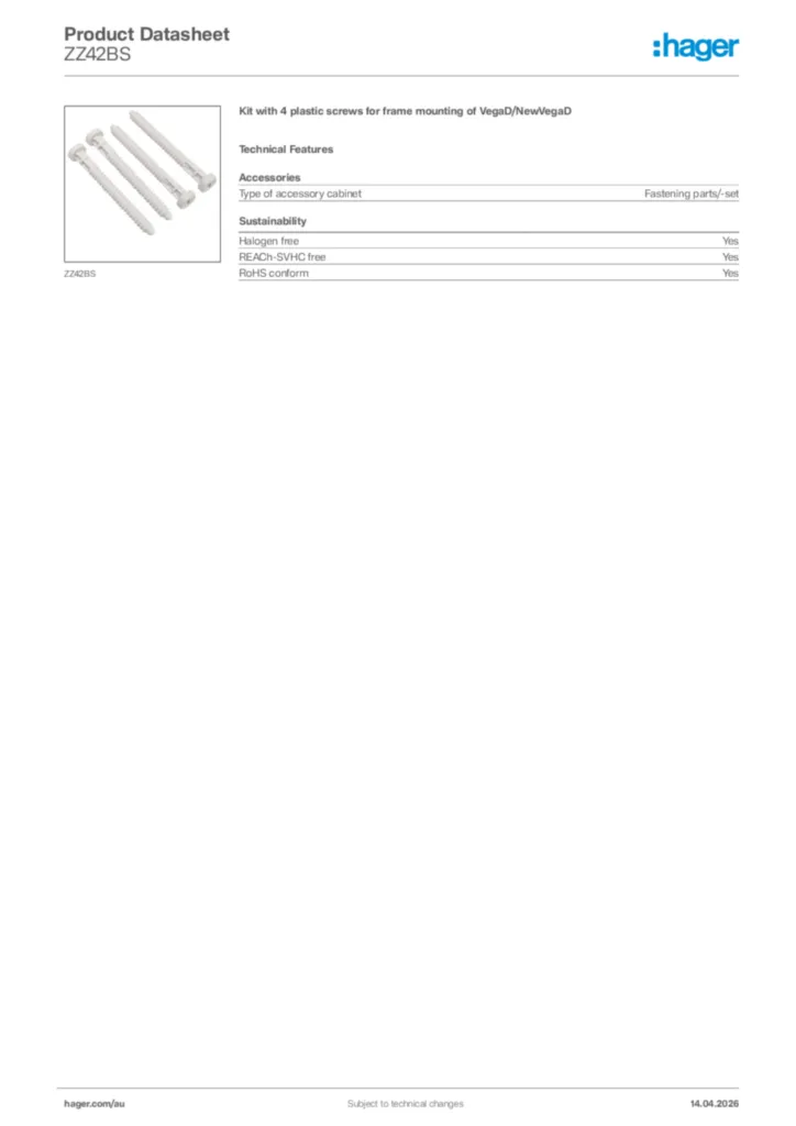 Image Hager Product data sheet ZZ42BS  | Hager Australia