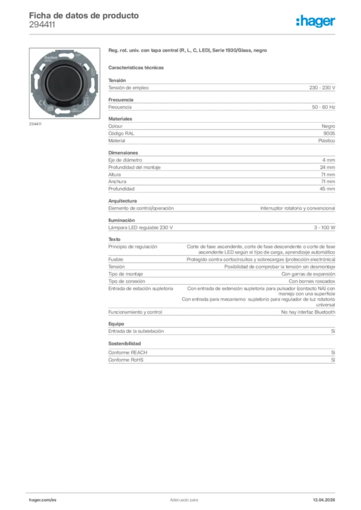 Imagen Hager Ficha de datos de producto 294411 | Hager España