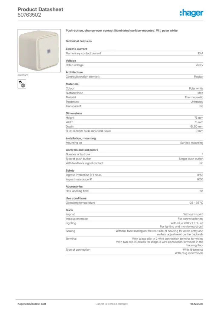 Image Hager Product data sheet 50763502  | Hager