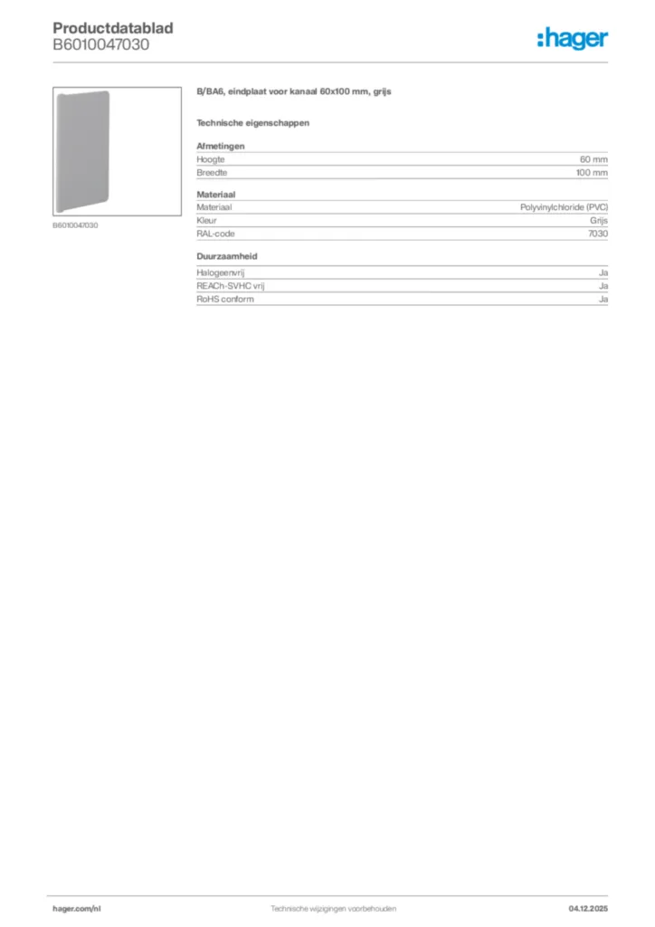 Afbeelding Hager Productdatablad B6010047030 | Hager Nederland