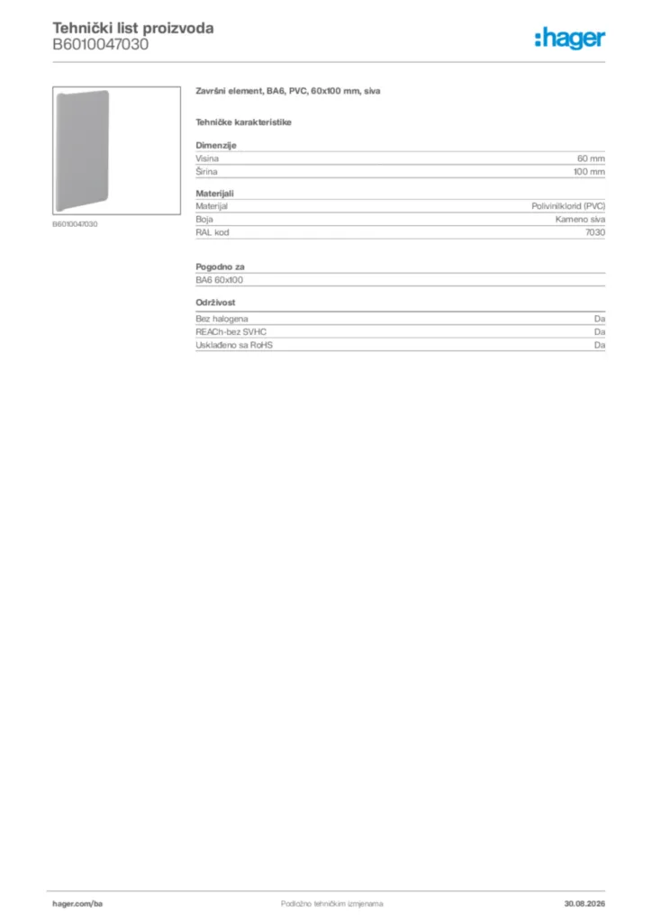 Slika Hager Tehnički list proizvoda B6010047030  | Hager