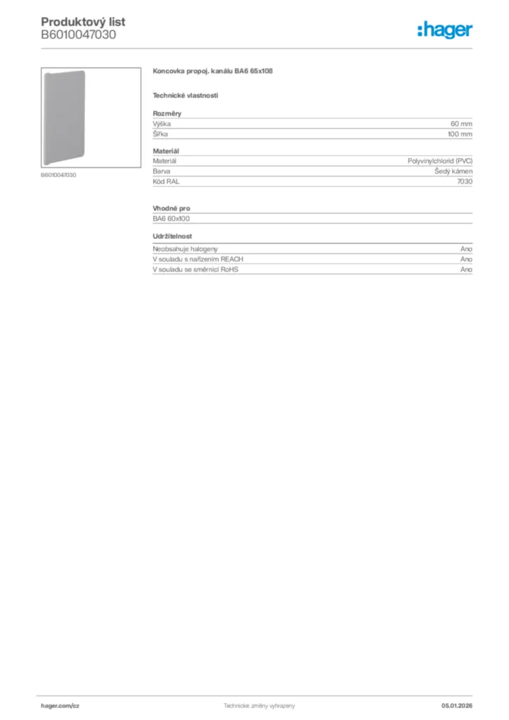 Obrázek Hager Product data sheet B6010047030 | Hager
