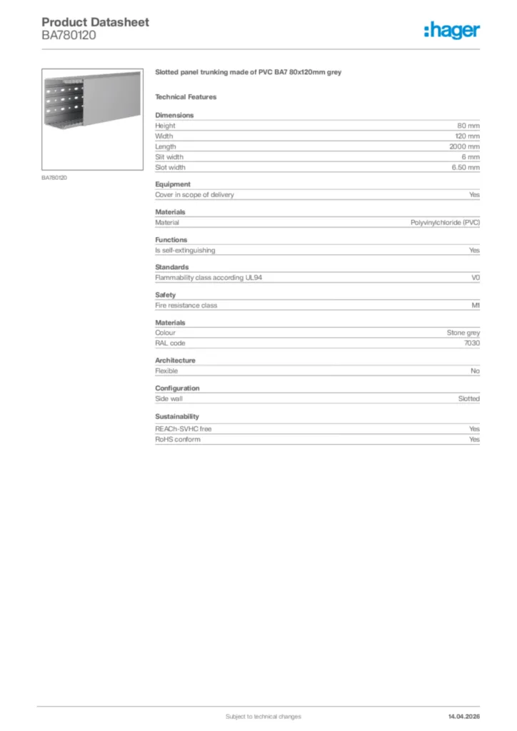 Image Hager Product data sheet BA780120  | Hager Africa