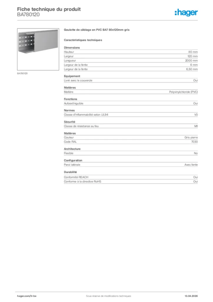 Image Hager Fiche technique du produit BA780120 | Hager Belgique