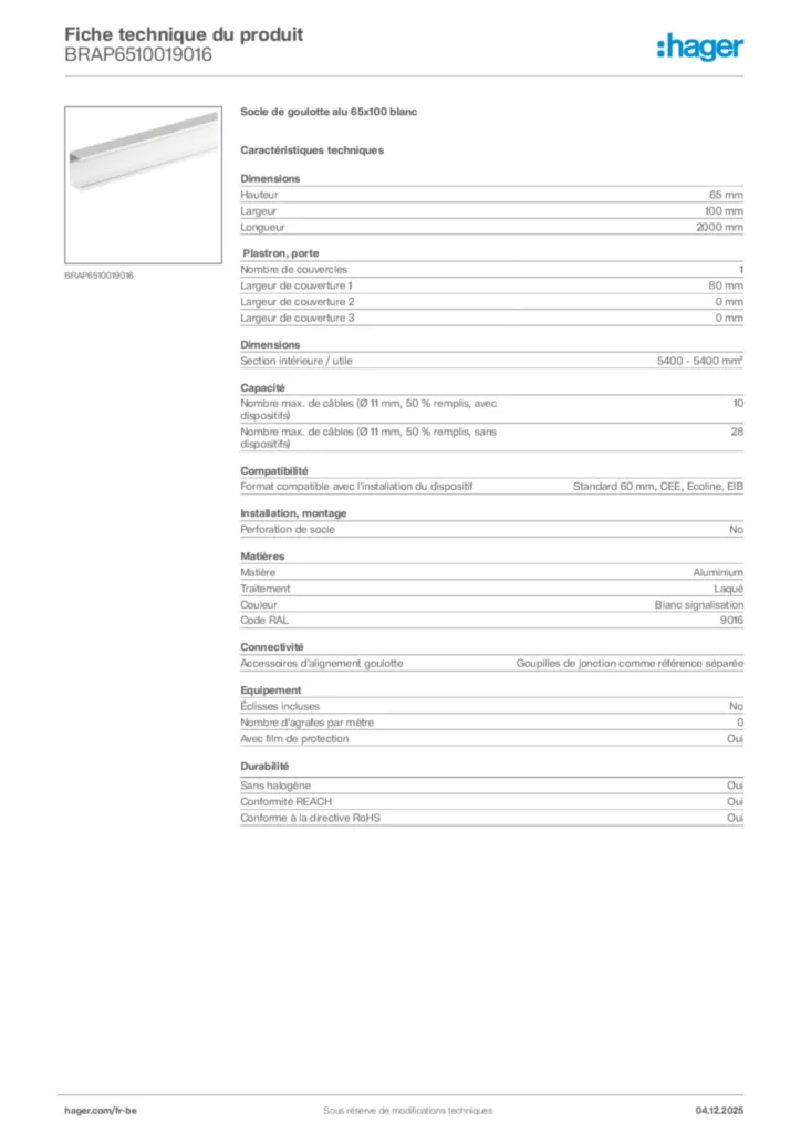 Image Hager Fiche technique du produit BRAP6510019016 | Hager Belgique
