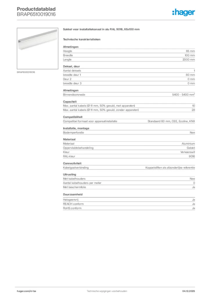 Afbeelding Hager Productdatablad BRAP6510019016 | Hager Belgium