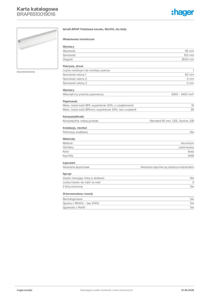 Zdjęcie Hager Karta katalogowa BRAP6510019016 | Hager Polska