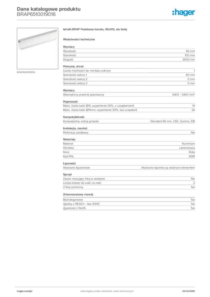 Zdjęcie Hager Karta katalogowa BRAP6510019016 | Hager Polska