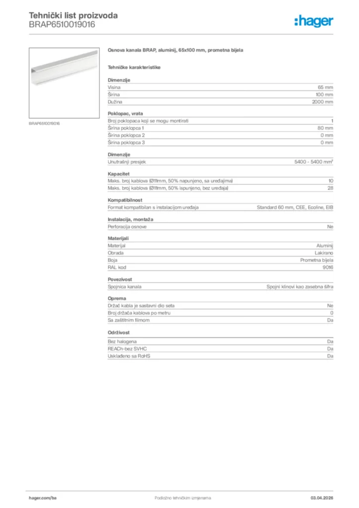 Slika Hager Tehnički list proizvoda BRAP6510019016  | Hager