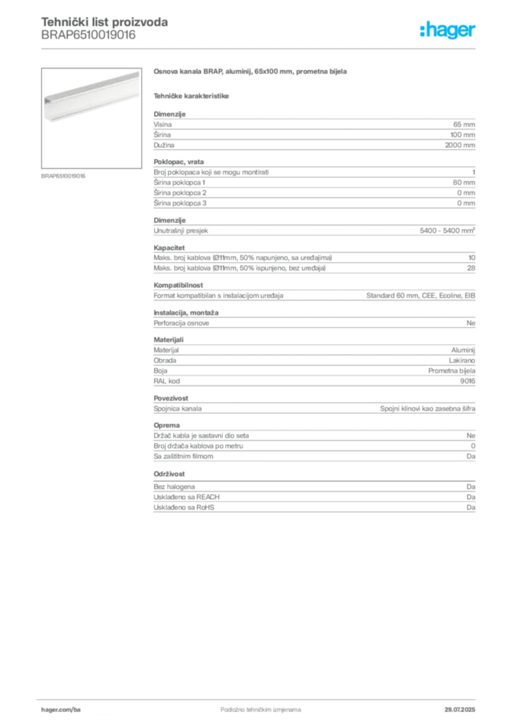 Slika Hager Product data sheet BRAP6510019016  | Hager