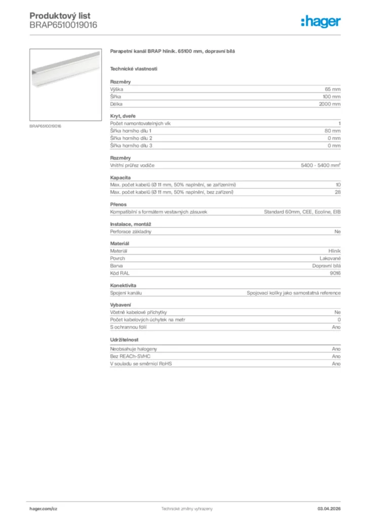 Obrázek Hager Product data sheet BRAP6510019016 | Hager