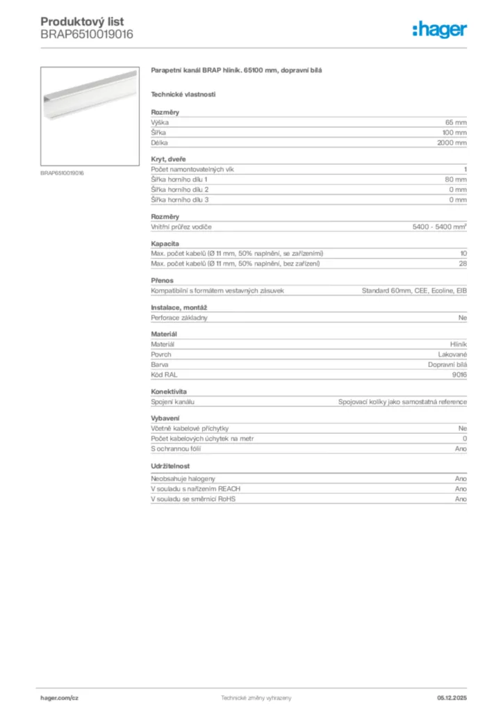 Obrázek Hager Product data sheet BRAP6510019016 | Hager