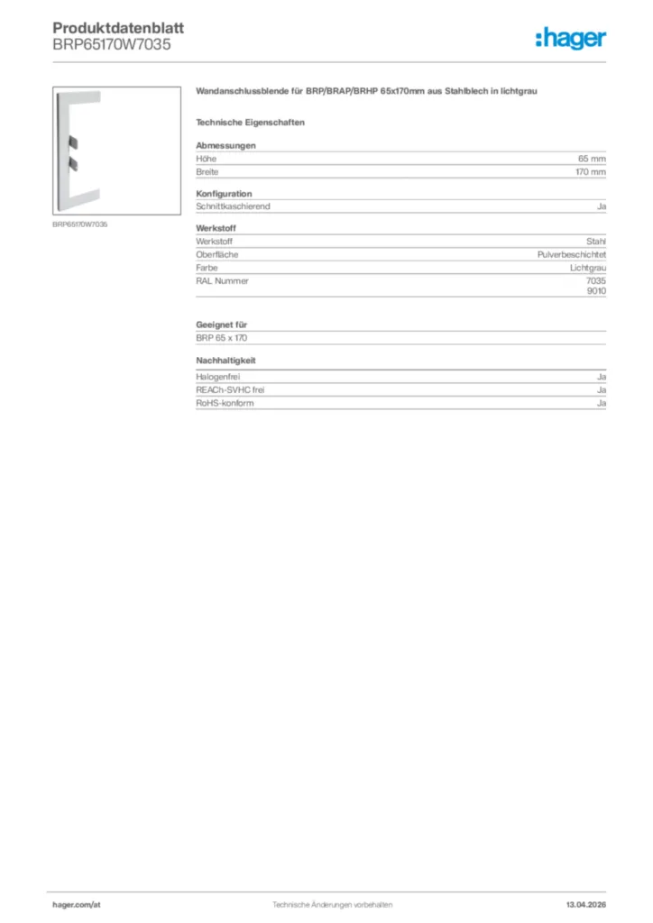 Bild Hager Produktdatenblatt BRP65170W7035 | Hager Deutschland