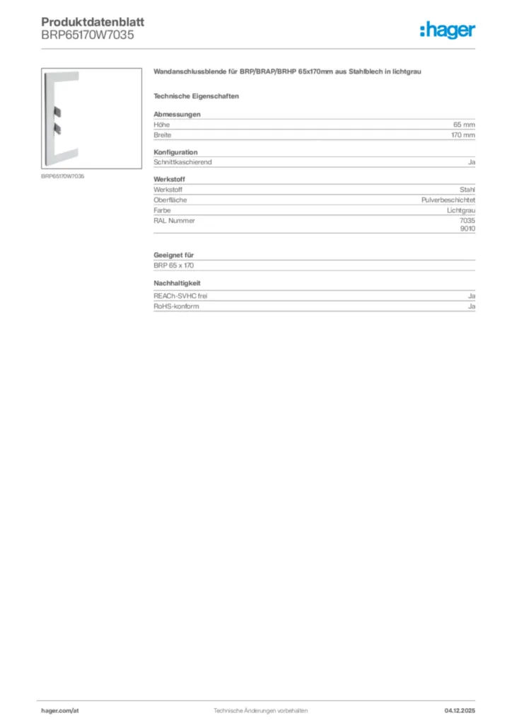 Bild Hager Produktdatenblatt BRP65170W7035 | Hager Deutschland