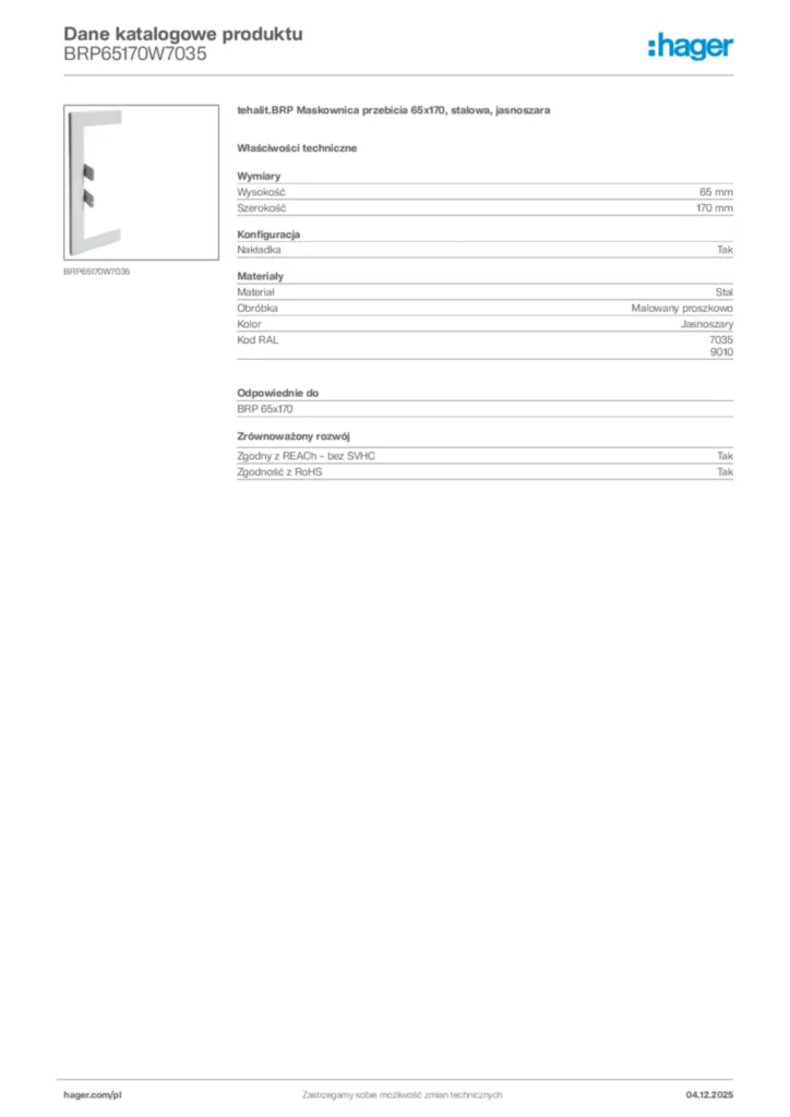 Zdjęcie Hager Dane katalogowe produktu BRP65170W7035 | Hager Polska