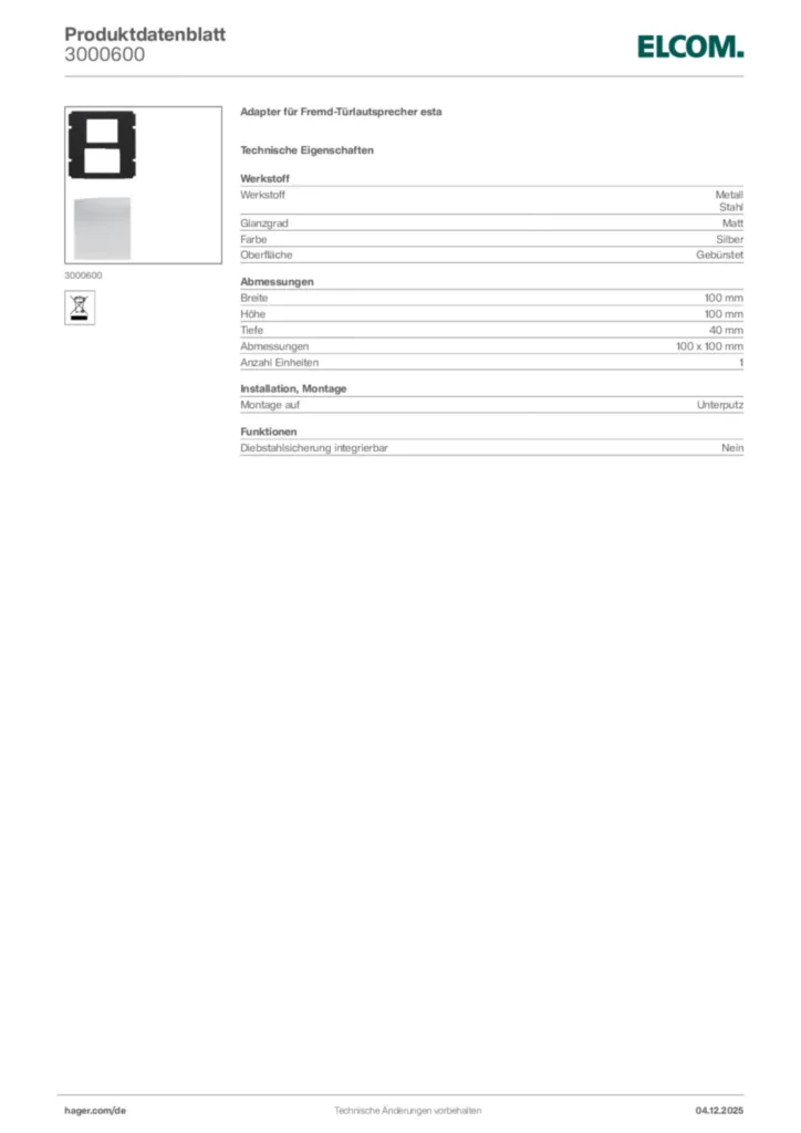 Bild Elcom Produktdatenblatt 3000600 | Hager Deutschland