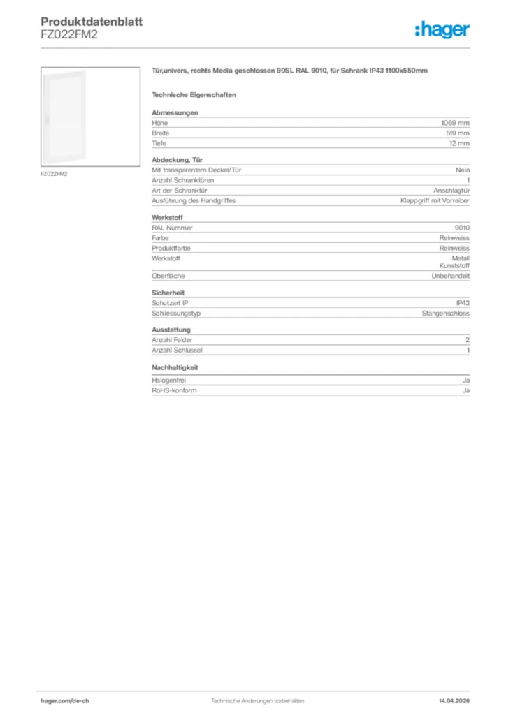 Bild Hager Produktdatenblatt FZ022FM2 | Hager Schweiz