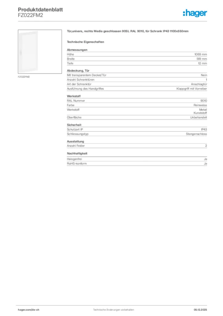 Bild Hager Produktdatenblatt FZ022FM2 | Hager Schweiz