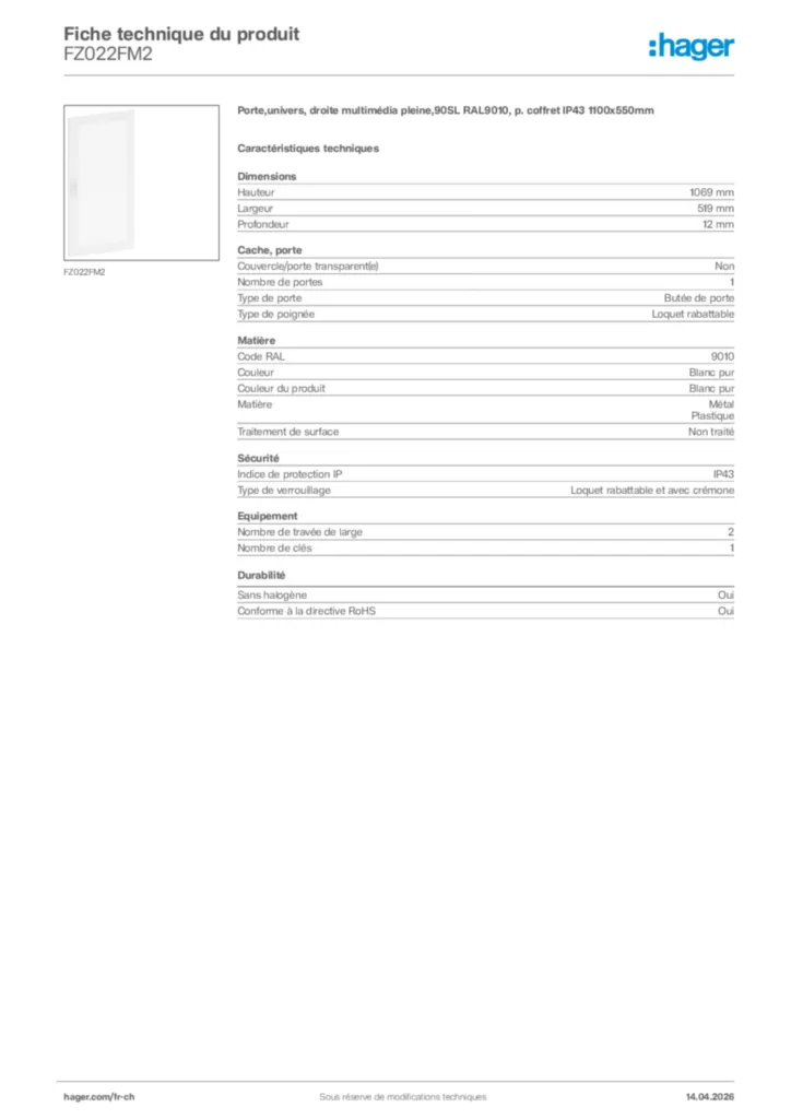Image Hager Fiche technique du produit FZ022FM2 | Hager Suisse