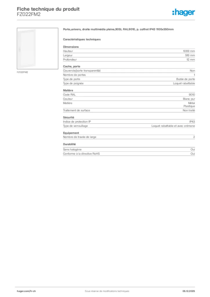 Image Hager Fiche technique du produit FZ022FM2 | Hager Suisse