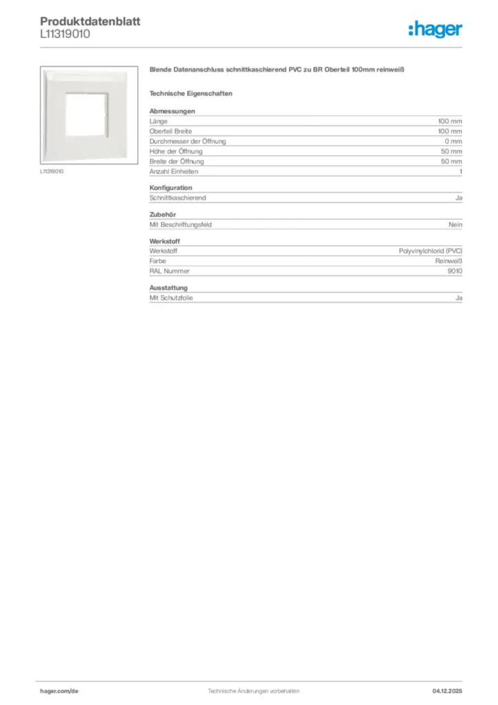 Bild Hager Produktdatenblatt L11319010 | Hager Deutschland