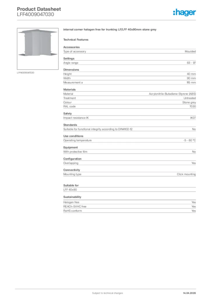 Image Hager Product data sheet LFF4009047030  | Hager Africa