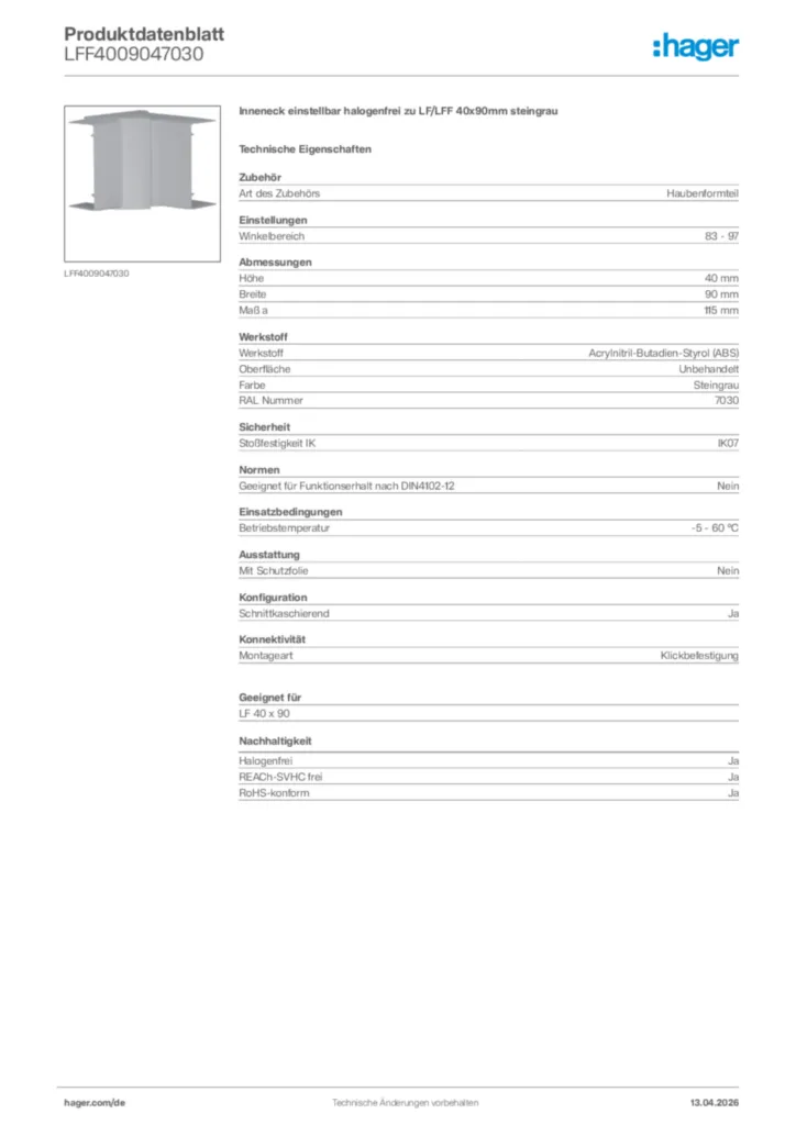 Bild Hager Produktdatenblatt LFF4009047030 | Hager Deutschland