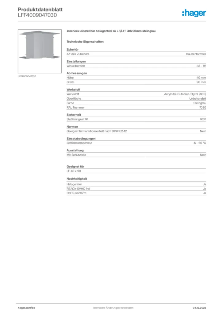 Bild Hager Produktdatenblatt LFF4009047030 | Hager Deutschland