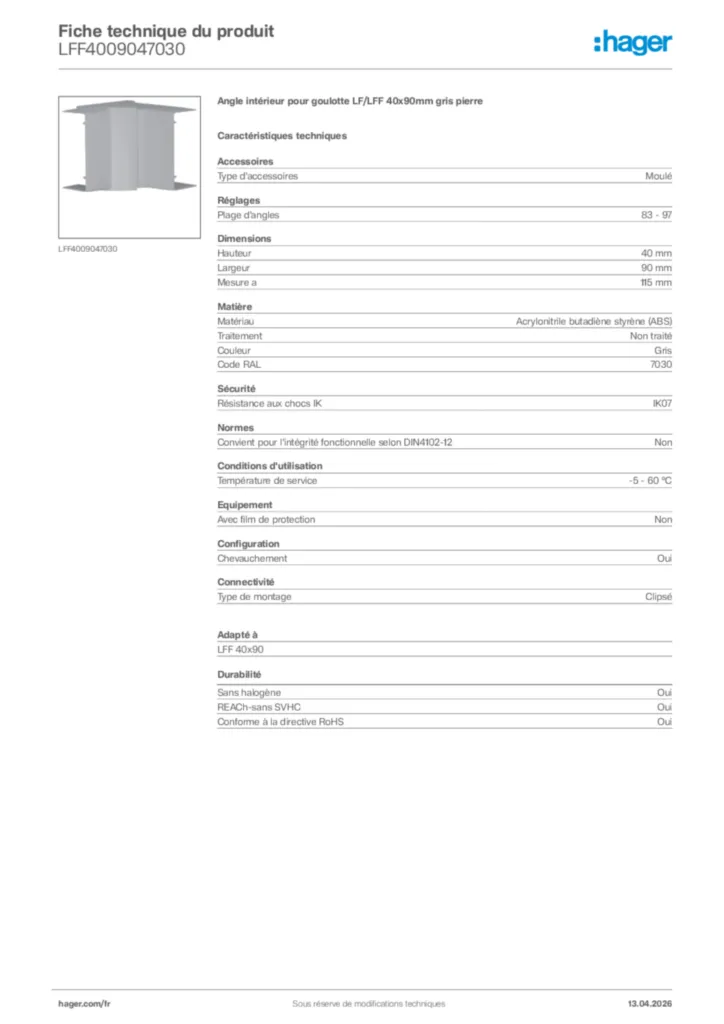 Image Hager Fiche technique du produit LFF4009047030 | Hager France
