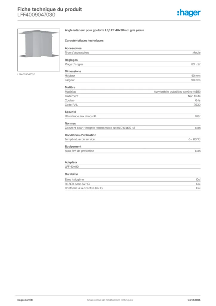 Image Hager Fiche technique du produit LFF4009047030 | Hager France